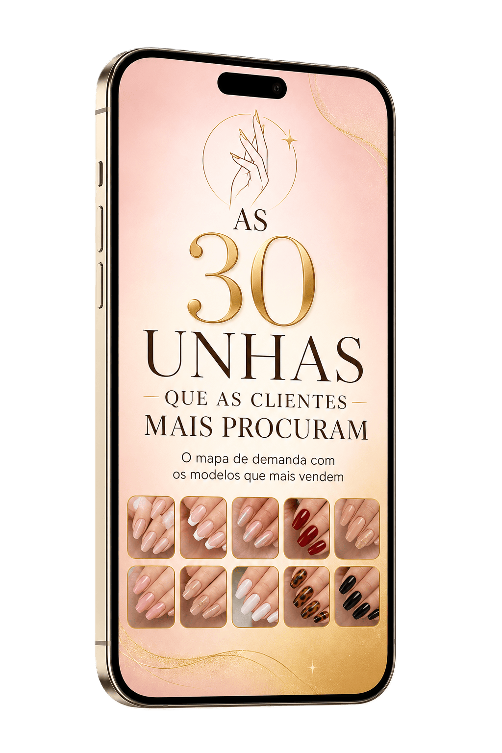 Capa do bônus As 30 unhas que as clientes mais procuram exibida na tela de um celular