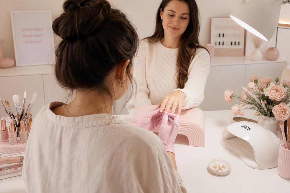Nail designer atendendo cliente em home studio, cuidando da esmaltação e acabamento